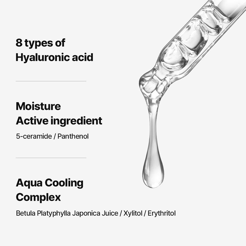 Tropfen einer Flüssigkeit, Text: 8 Arten Hyaluronsäure, Feuchtigkeit, 5-Ceramid/Panthenol, Aqua Cooling Complex.