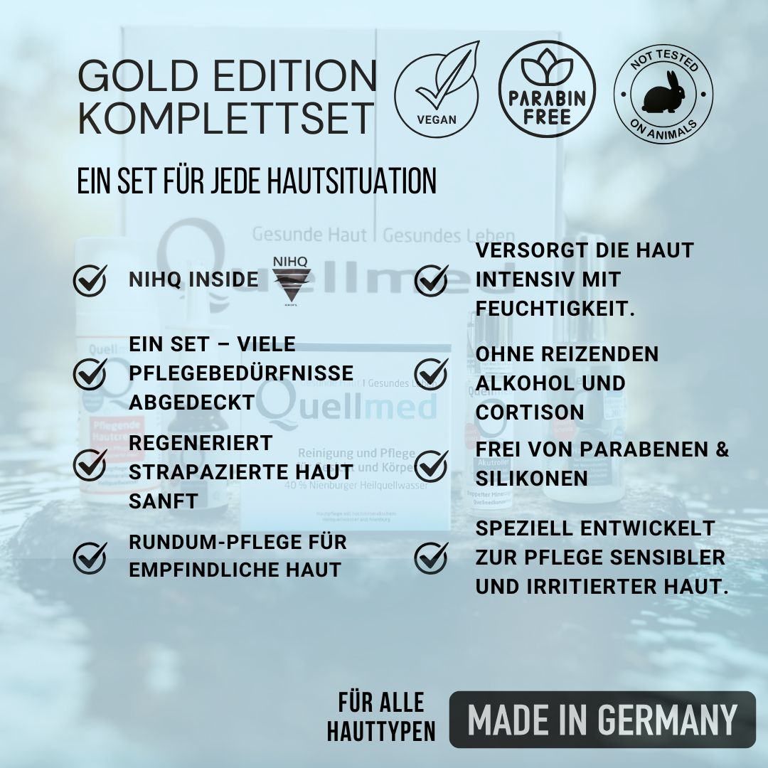 Gold Edition Komplettset. Aufdrucke: Vegan, Paraben Free, Not tested on animals. Ein Set für jede Hautsituation.