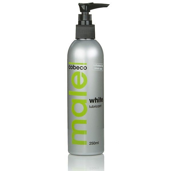 Silberne Flasche mit schwarzem Pumpkopf. Aufschrift: male white lubricant. Grüne und weiße Schrift. 250ml.