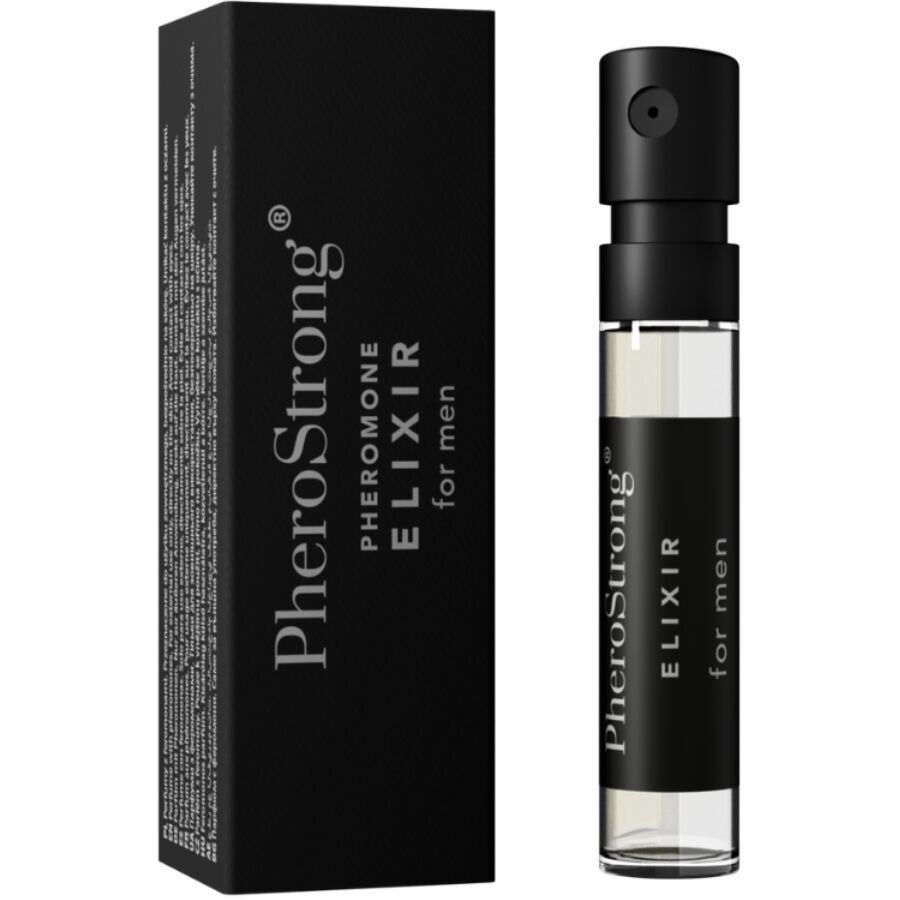 PheroStrong Elixir für Männer Parfümflakon und schwarze Verpackung.