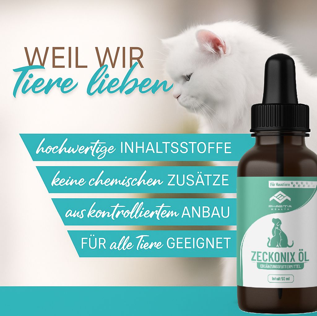 Braune Glasflasche mit Tropfer, neben weißer Katze. Text: hochwertige Inhaltsstoffe, keine chemischen Zusätze, aus kontrolliertem Anbau.