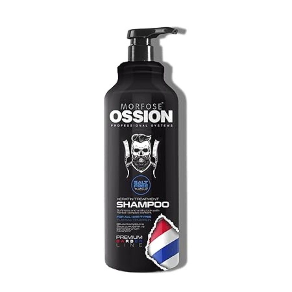 Schwarze Flasche mit Pumpe. Aufschrift: MORFOSE OSSION, Shampoo, Salzfrei. Abbildung eines Bartes mit Totenkopf.