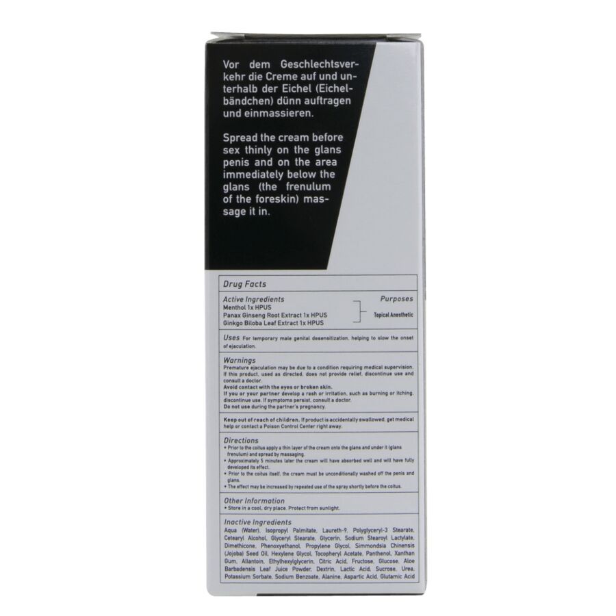 Verpackung von Rhino Long Power Cream mit Nashorn-Logo, rotem Becher-Symbol und Größenangabe.