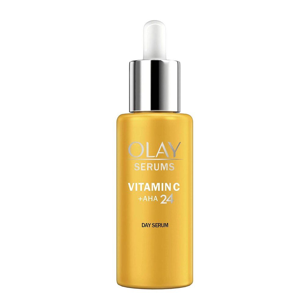 Gelbe Flasche mit silberner Kappe und Pipette. Aufschrift: Olay Serums Vitamin C + AHA 24 Day Serum.