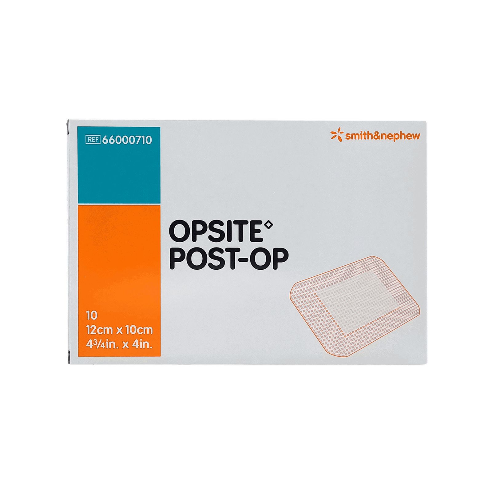 Opsite Post-Op Verband-Packung. Enthält 10 Verbände. Größe: 12x10cm. Marke: Smith & Nephew. Orangefarbener und blauer Bereich auf der Verpackung.