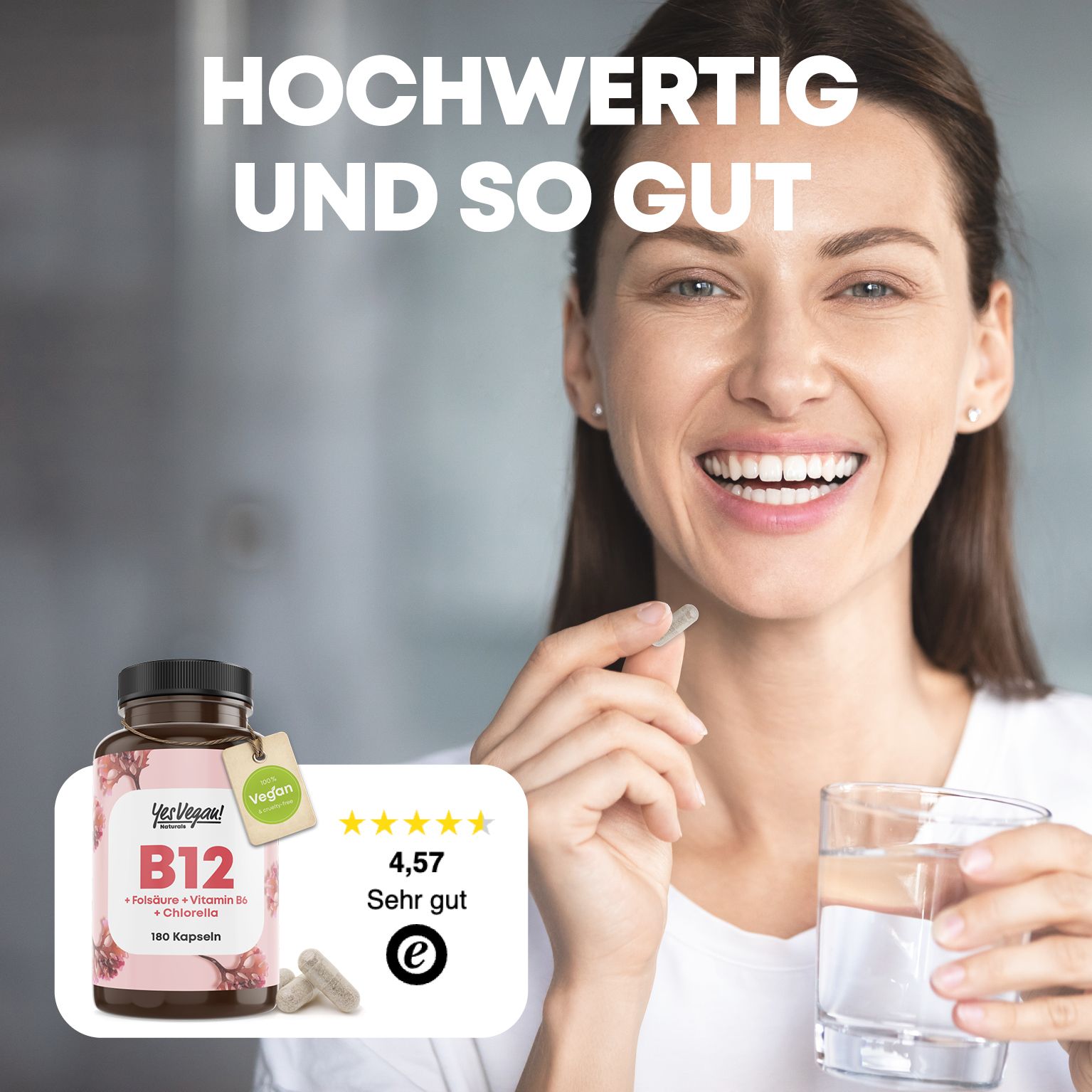 Yes Vegan®  Vitamin B12 hochdosiert (180 Kapseln) B12 Komplex mit Folsäure, Vitamin B6 I Chlorella