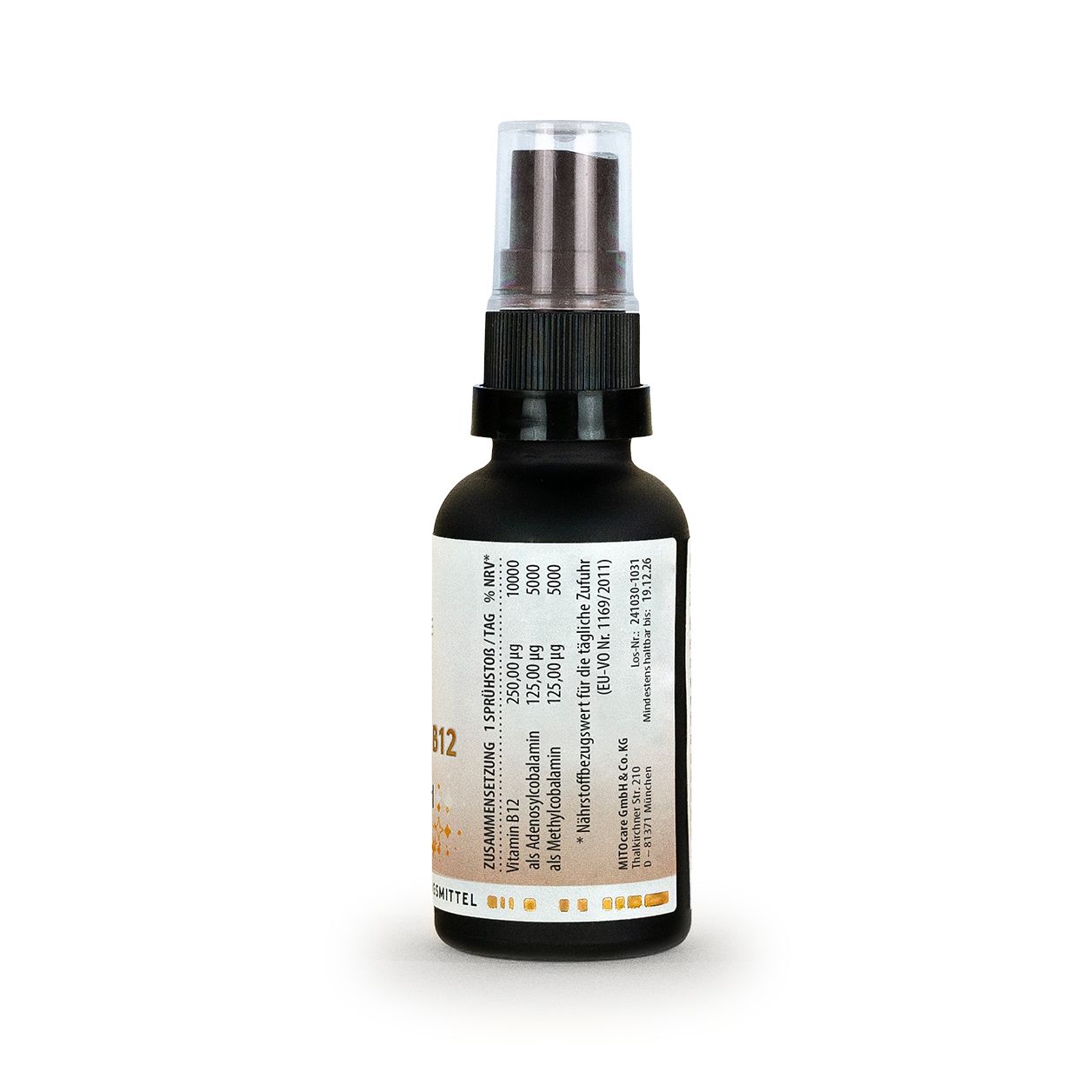 Rückseite MITOcare Vitamin B12 Lipo Spray Flasche mit Nährwertangaben und Inhaltsstoffen.