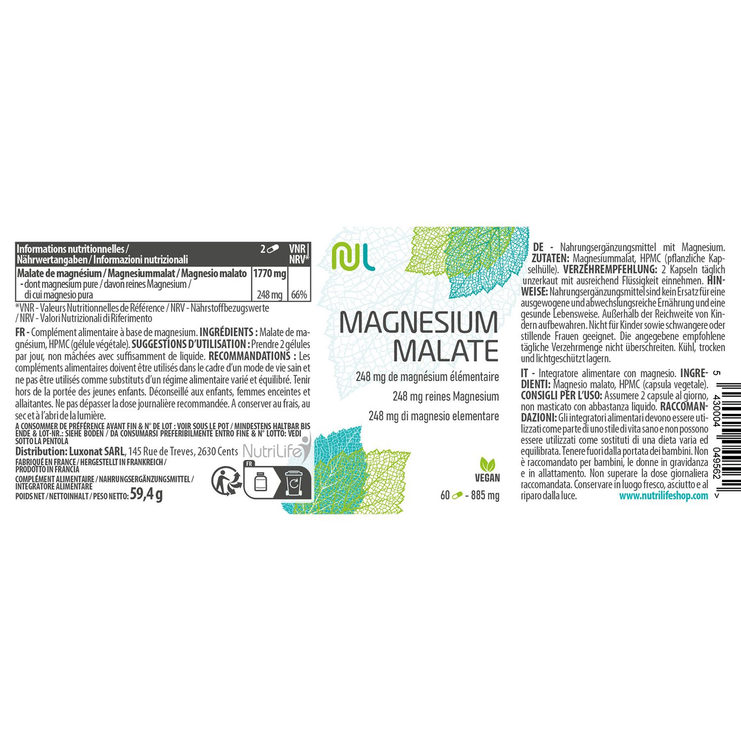 Rückseite der "Magnesium Malate"-Flasche. Enthält Informationen zu Inhaltsstoffen, Dosierung und Nährwertangaben. Vegan-Siegel.