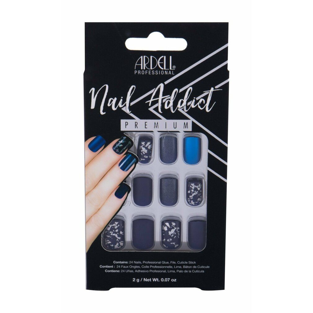 Ardell Nail Addict Premium: 24 künstliche Nägel in verschiedenen Blautönen und Designs, inklusive Kleber und Feile.