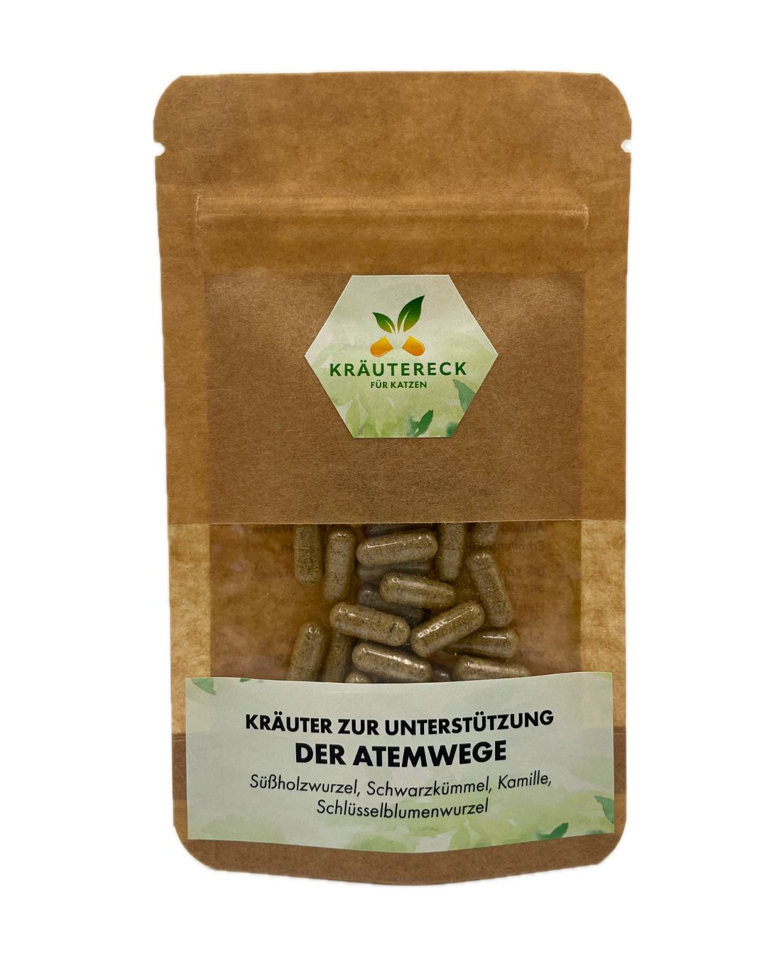 Braune Tüte mit Kräuterkapseln. Sichtfenster, Label mit Produktname und Text: Kräuter zur Unterstützung der Atemwege.