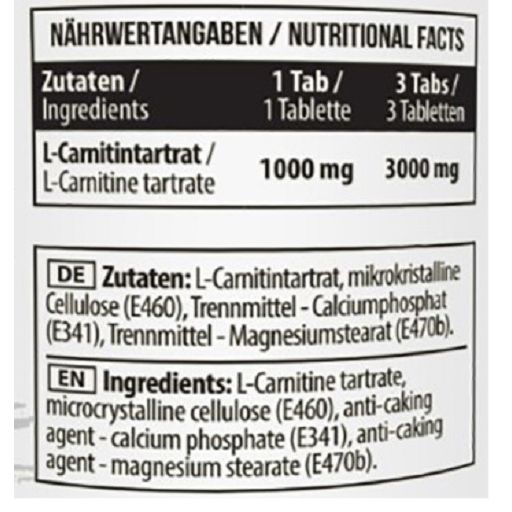 Nährwertangaben auf weißem Hintergrund. Enthält Informationen zu L-Carnitintartrat. Text in Deutsch und Englisch.