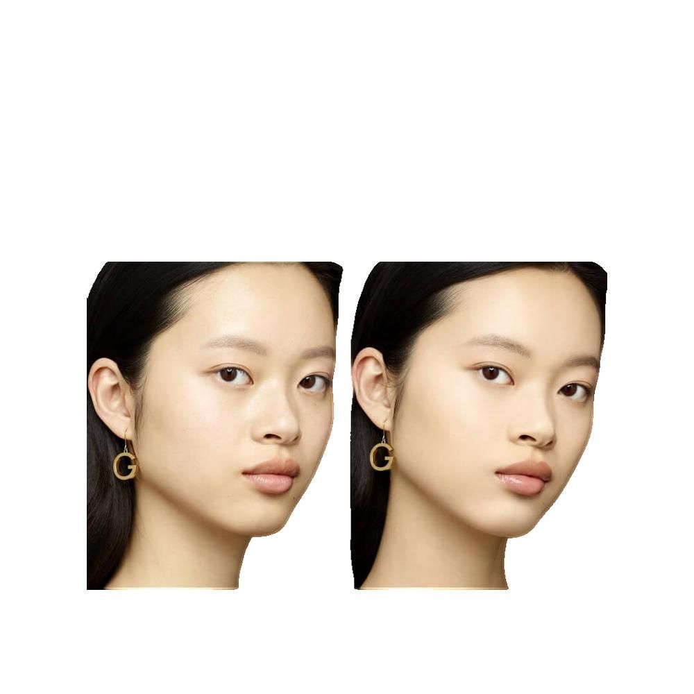 Zwei Gesichter einer Frau, links ohne, rechts mit Make-up. Sie trägt goldene Ohrringe mit 'G'.