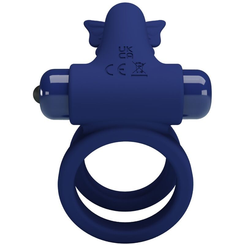 Blauer Doppelring mit Schmetterling-Design. Zwei Ringe, Vibrationsmodul und CE-Kennzeichnung.