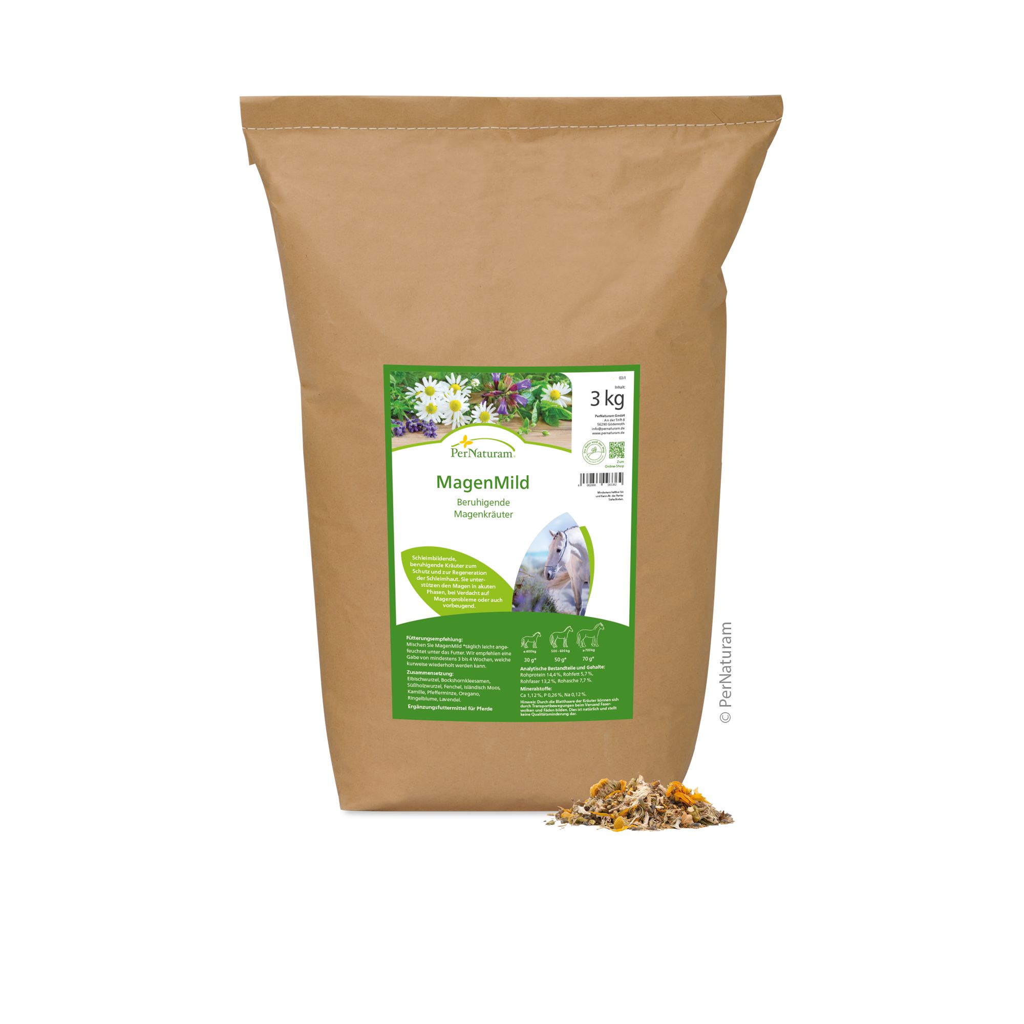 Beutel aus braunem Papier. Aufkleber mit Produktbezeichnung, floralem Design und Produktabbildung. Aufschrift "3 kg".