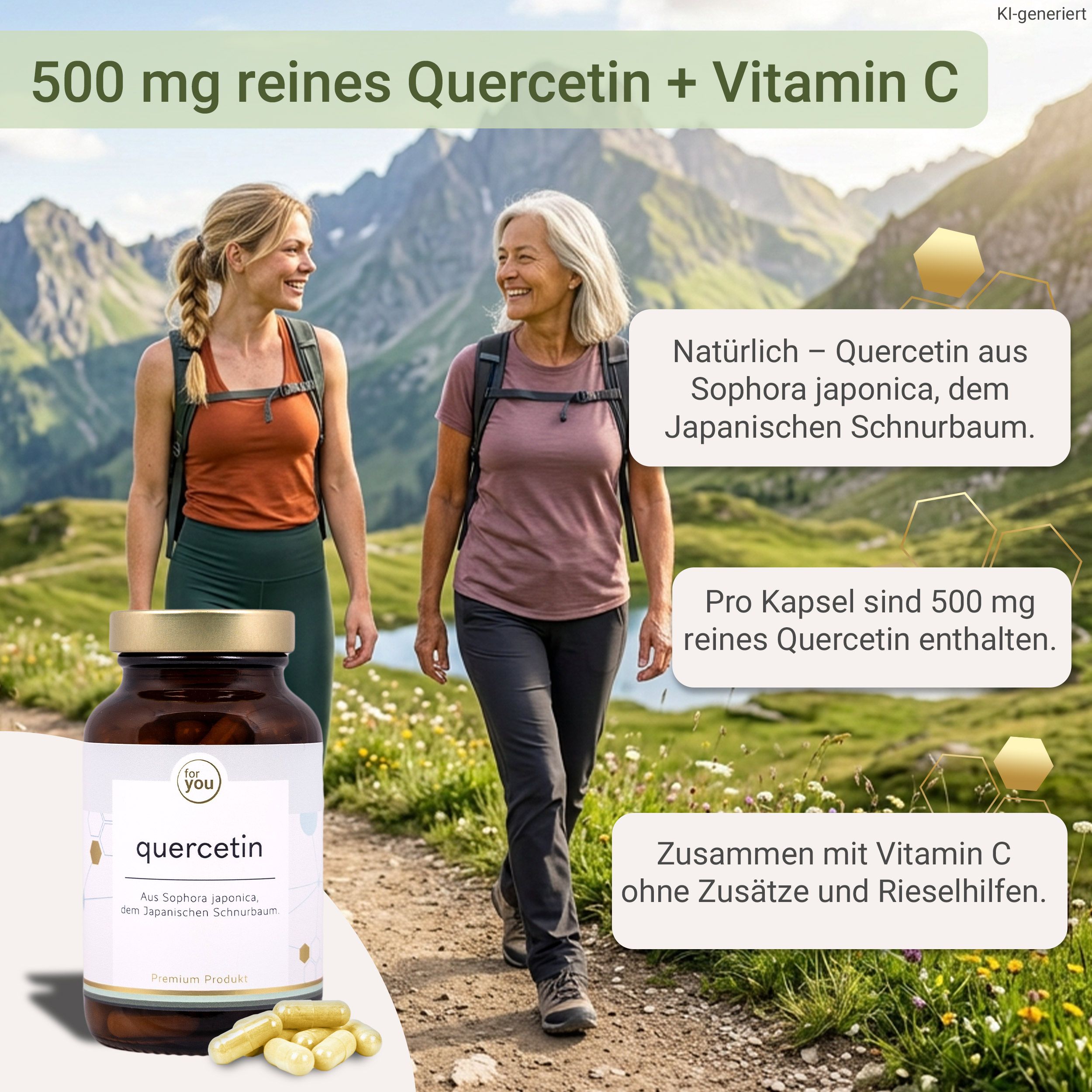 Zwei Frauen wandern in den Bergen, eine Flasche Quercetin-Kapseln im Vordergrund.