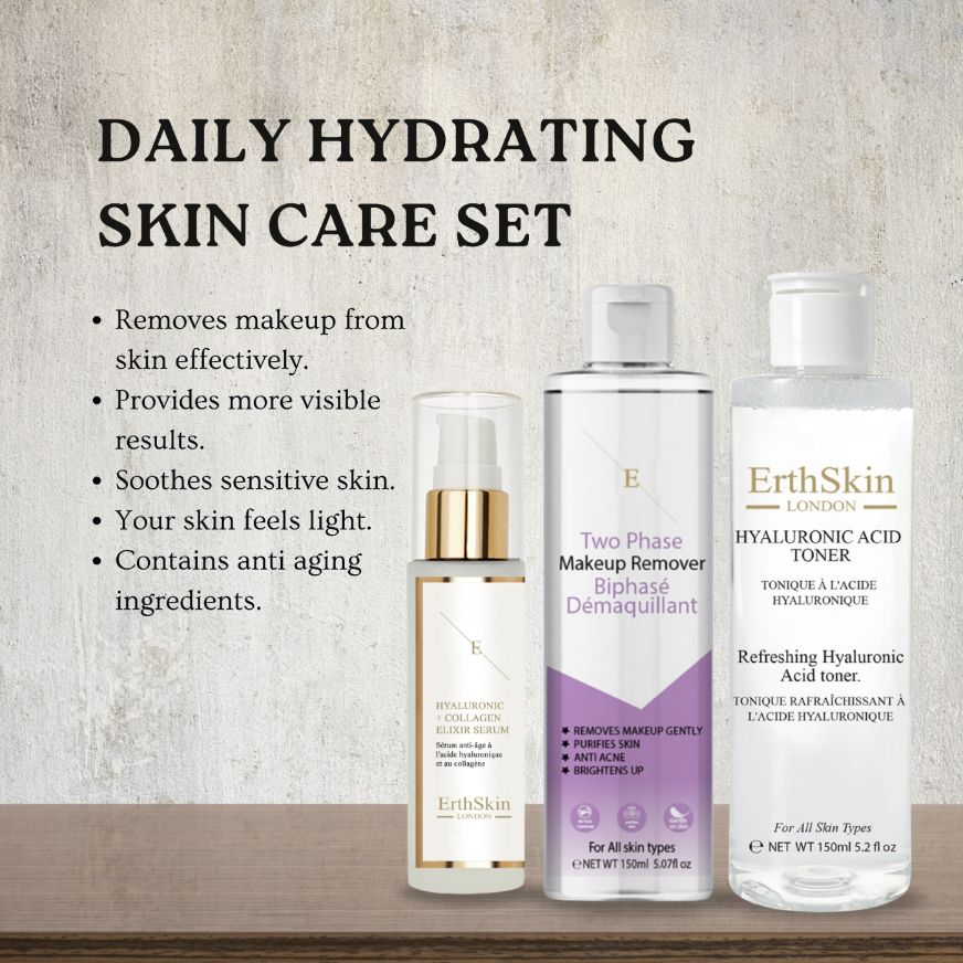 ErthSkin London Zweiphasen-Make-up-Entferner + Hyaluronsäure-Toner + Kollagenserum