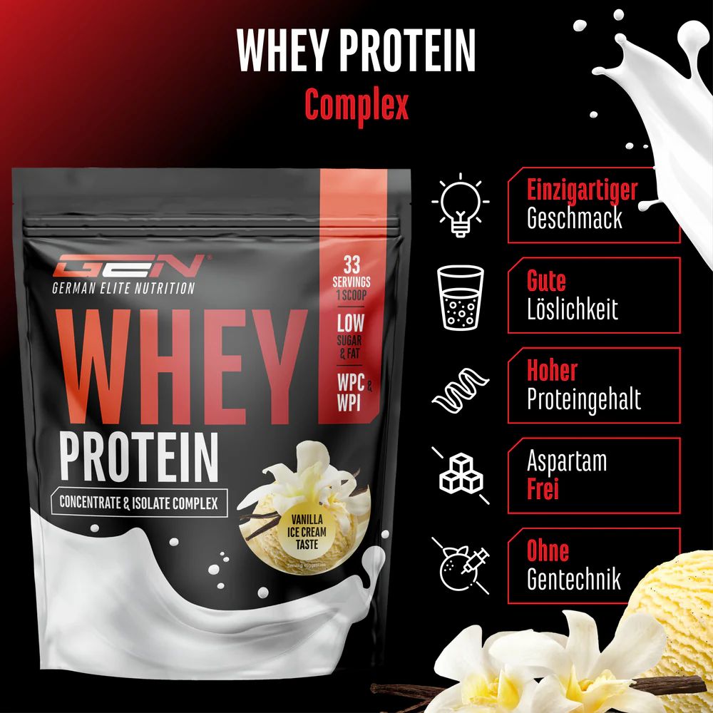 GEN Whey Protein Komplex. Schwarze Verpackung mit Produktinformationen. Enthält 33 Portionen. Geschmack: Vanille. Enthält keine Gentechnik.