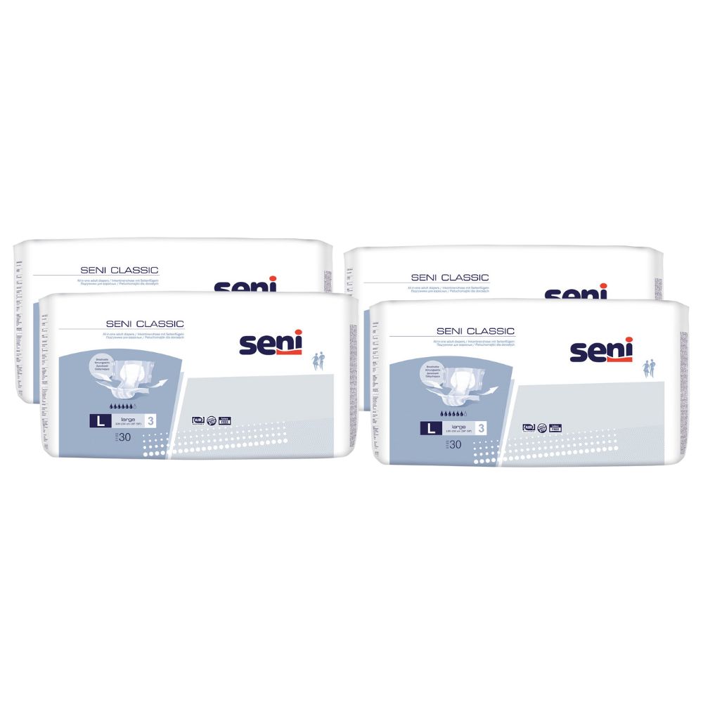 Mehrere Packungen Seni Classic Inkontinenzhose. Verpackung mit Produktnamen, Größe L und Piktogrammen. Weiße Verpackung mit blauen Akzenten.