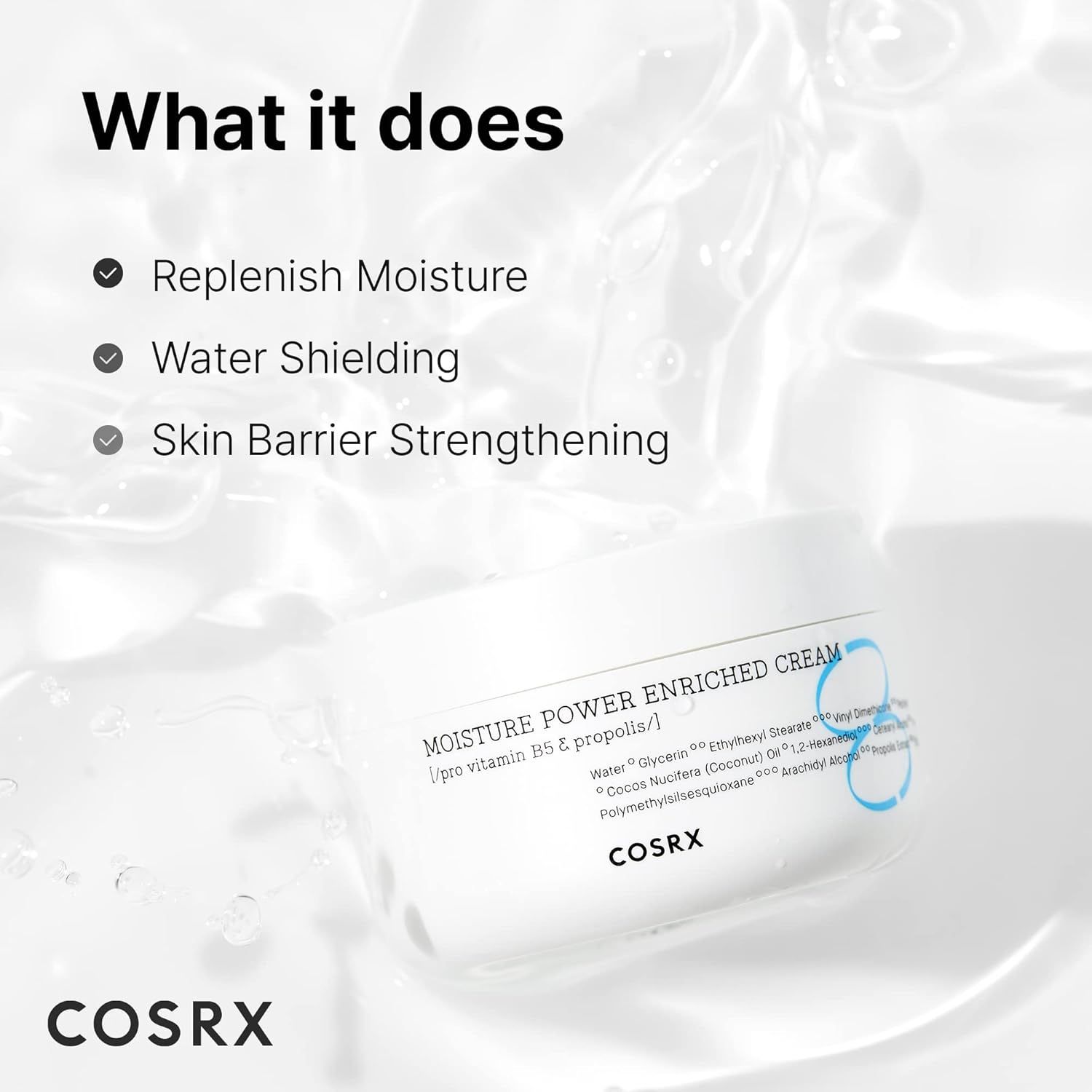 Produkt-Tiegel im Wasser. Text: "What it does", "Replenish Moisture", "Water Shielding", "Skin Barrier Strengthening", "COSRX".