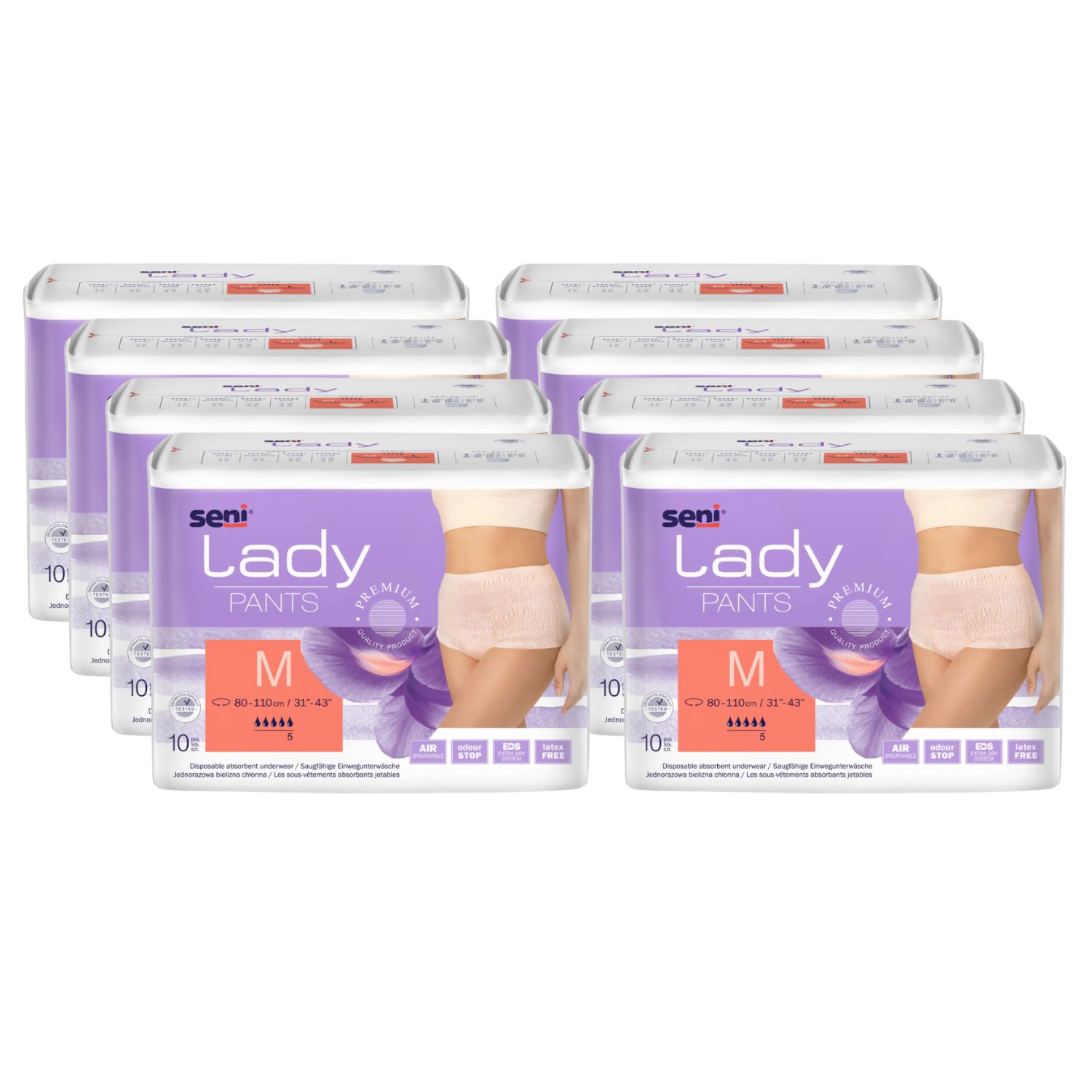 Mehrere Packungen Seni Lady Pants M. Jede Packung zeigt ein Model in Unterwäsche. Aufdrucke: Seni, Lady, Pants, M, 10 Stück.