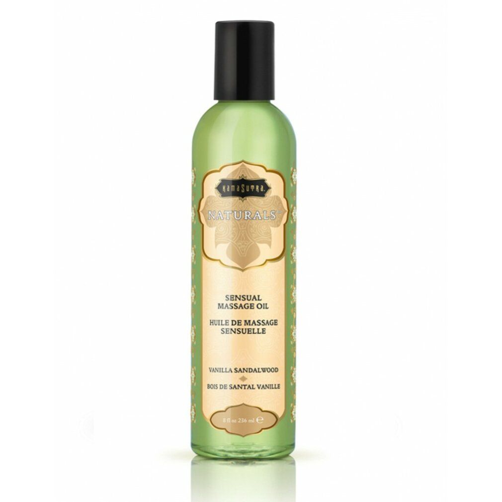 Grüne Flasche mit schwarzem Deckel. Text: Kama Sutra Naturals, Sensual Massage Oil, Vanilla Sandelwood. Goldfarbene Etiketten.