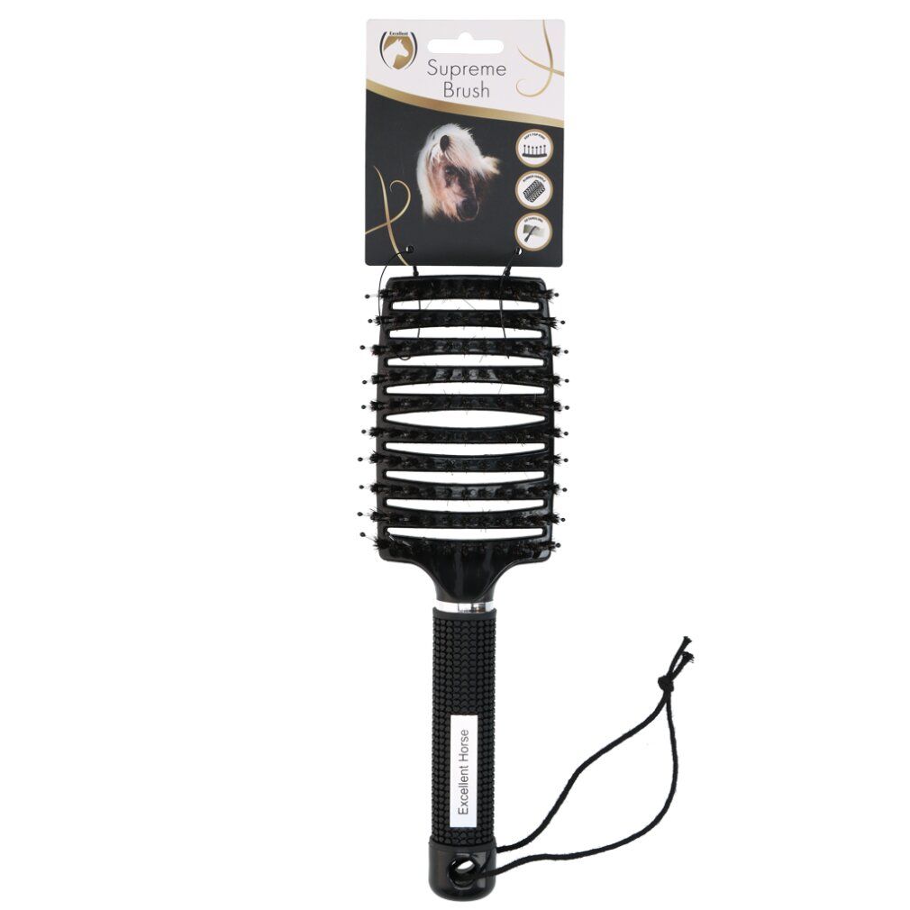 Schwarze Bürste mit Griff und Aufhängung. Produktname: Supreme Brush. Auf der Verpackung ist ein Pferd abgebildet.