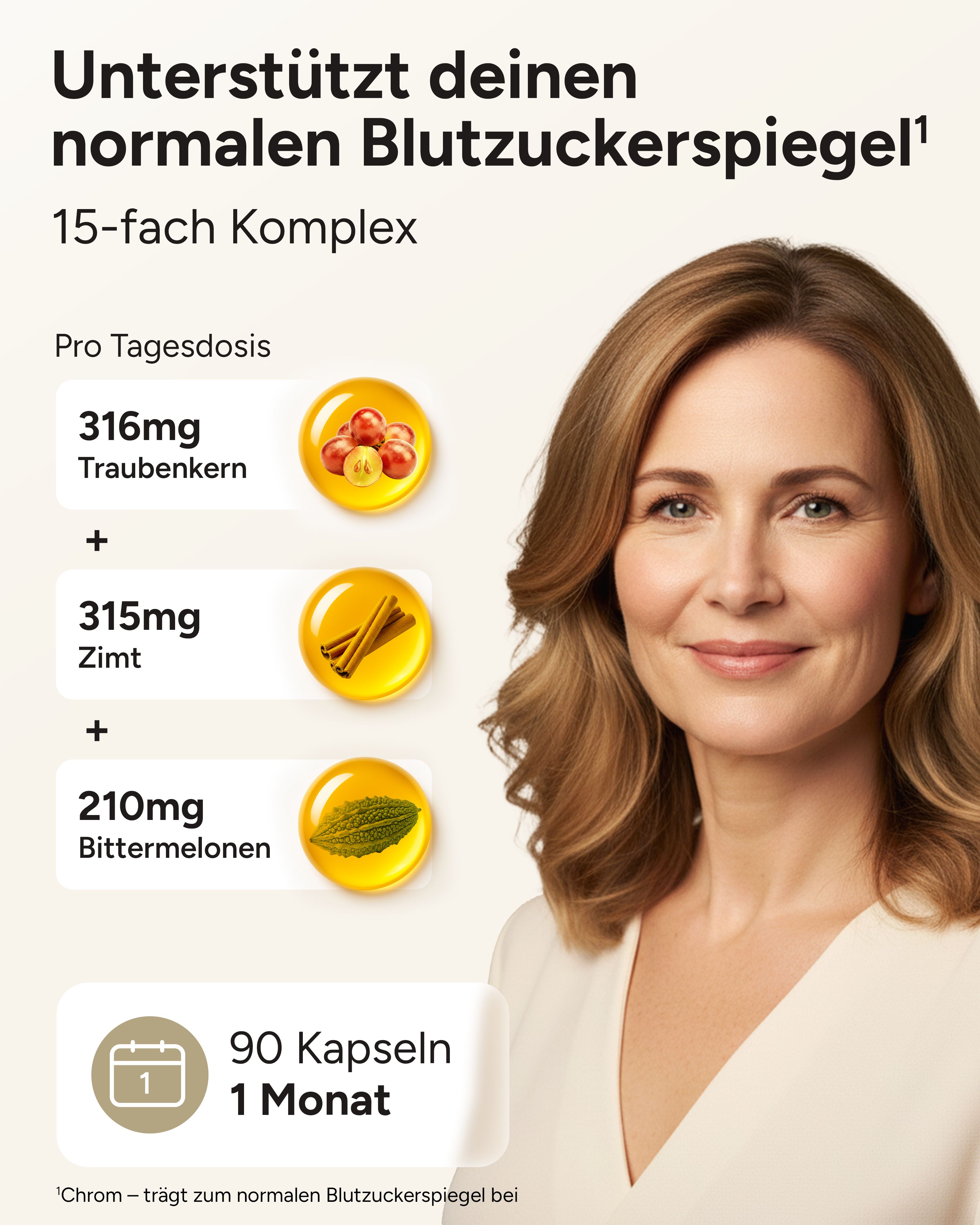 Frau mit blonden Haaren. Grafische Darstellung von Traubenkern, Zimt und Bittermelonen. Text: 90 Kapseln, 1 Monat. Unterstützt normalen Blutzuckerspiegel.