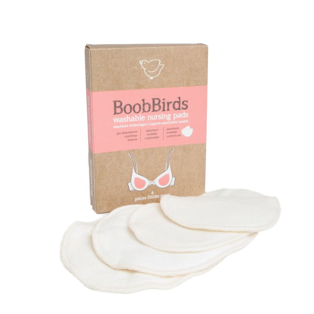 Stilleinlagen, weiß, rund, 4 Stück. Verpackung mit Logo und Produktname. Aufdruck: BoobBirds waschbare Stilleinlagen.
