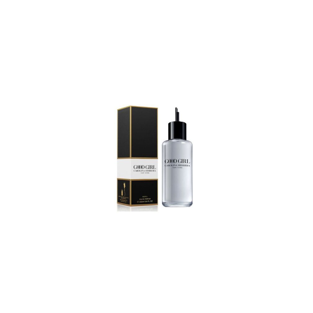 Parfümflakon und Verpackung. Aufschrift: GOOD GIRL CAROLINA HERRERA. Schwarze und goldene Verpackung.