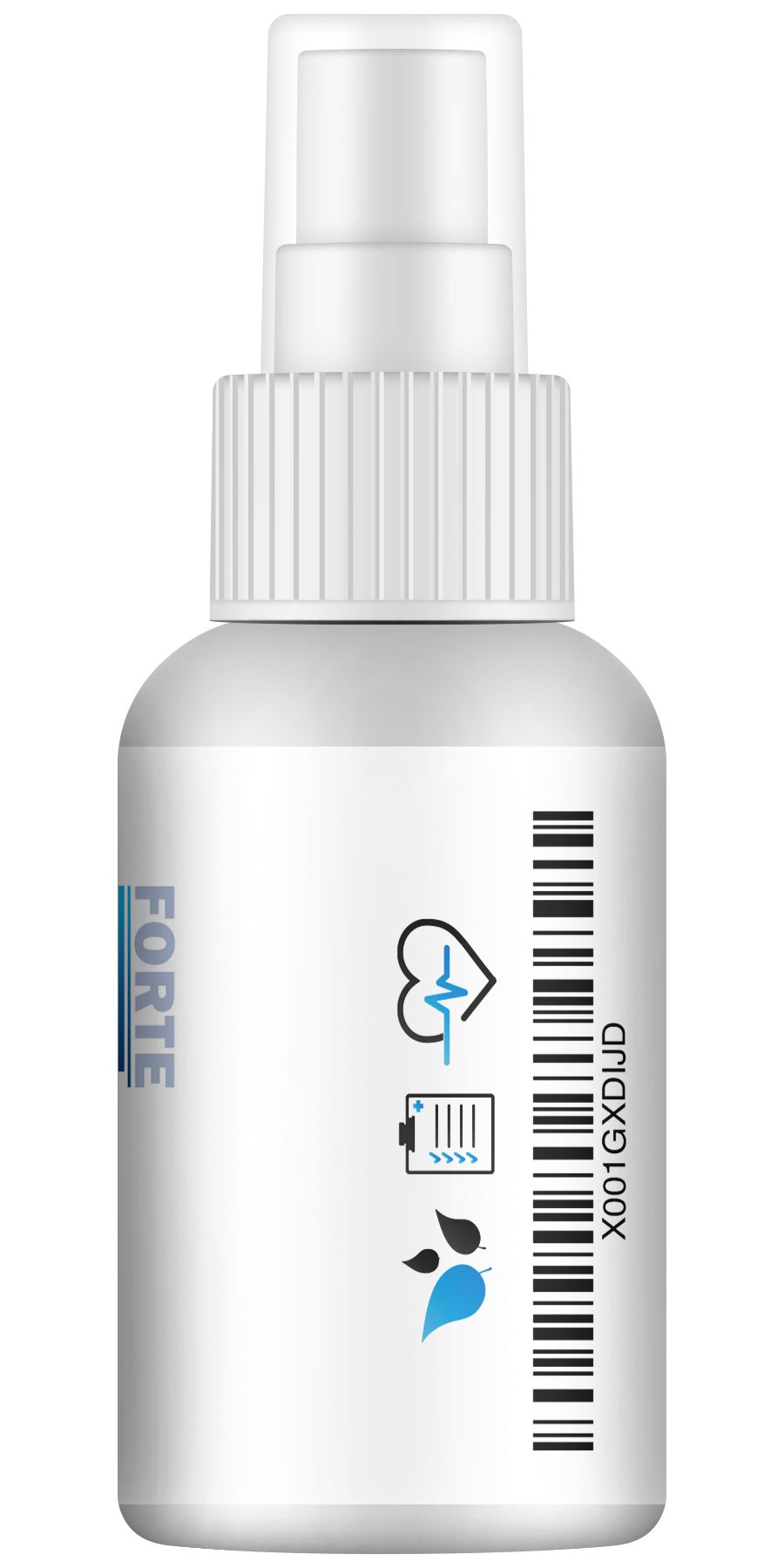 Weiße Sprühflasche mit Barcode und Symbolen. Aufschrift: FORTE. Symbole: Herzschlag, Batterie, Blätter.