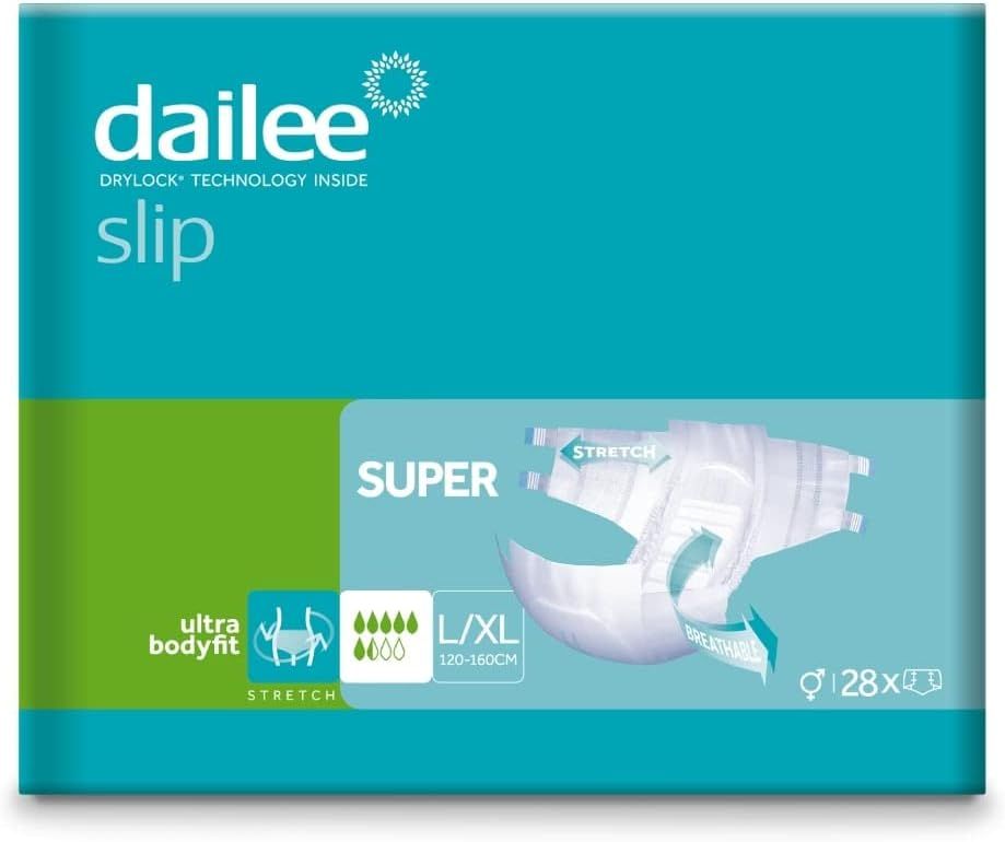 Dailee Slip Super-Packung. Türkis, grün und weiß. Produktabbildung mit Produktname, Größenangabe L/XL und Anzahl 28 Stück.