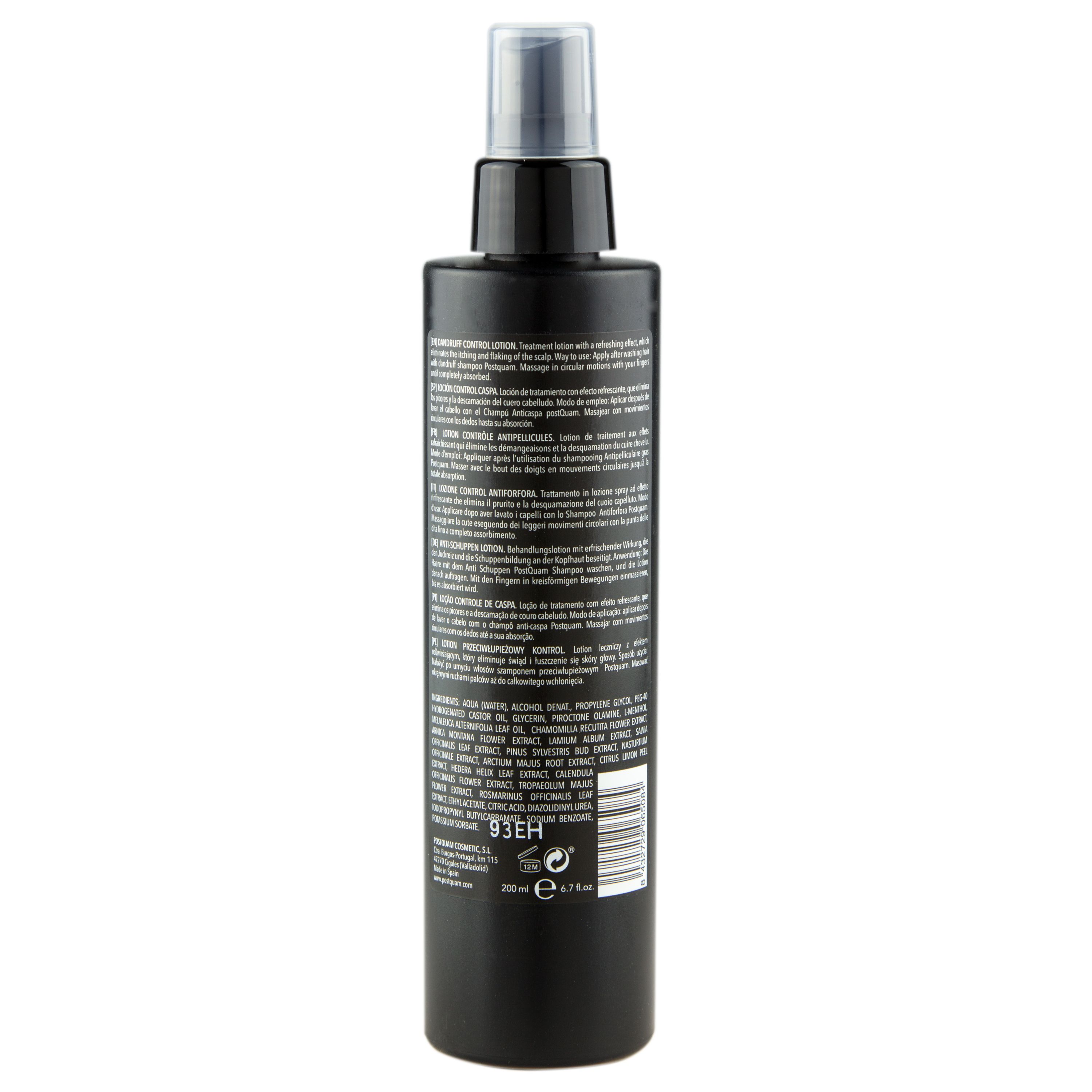 Schwarze Sprühflasche mit Text. Rückseite mit Inhaltsangaben und Barcode. Transparenter Sprühkopf.