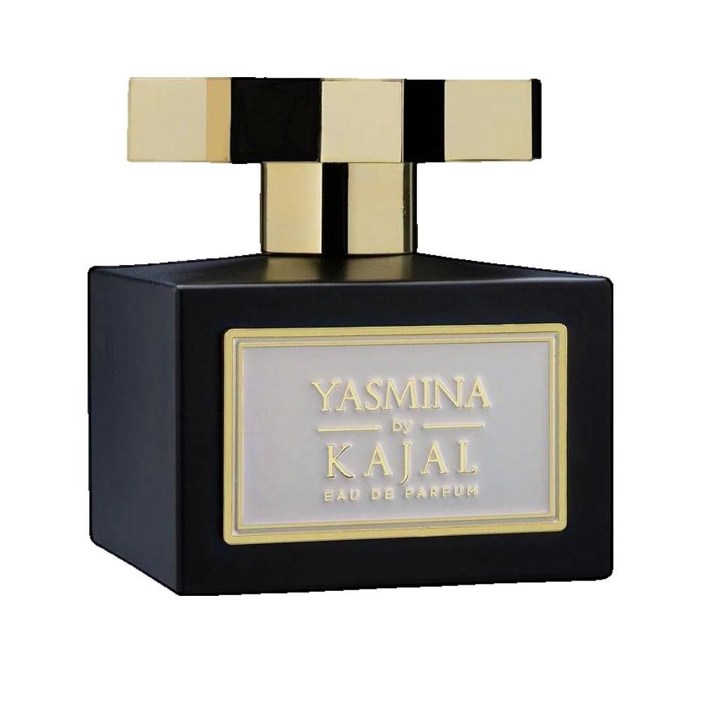 Schwarzer Flakon mit goldfarbenem Verschluss. Aufschrift: Yasmina by Kajal Eau de Parfum.