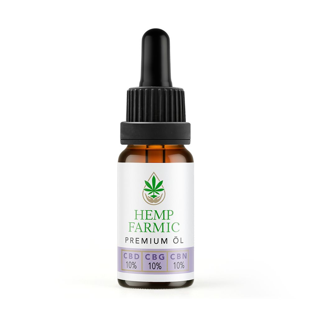 HempFarmic Premium Öl mit CBD, CBG, CBN 10%. Braune Glasflasche mit Pipette.