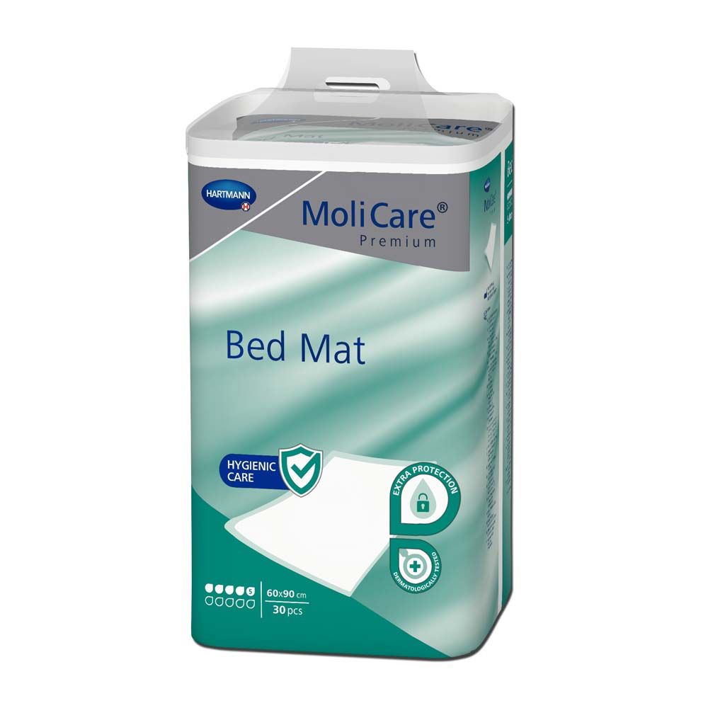 Verpackung von MoliCare® Premium Bed Mat. Weiß-grüne Verpackung mit Produktnamen, Logo und Eigenschaften. 60x90cm, 30 Stück.