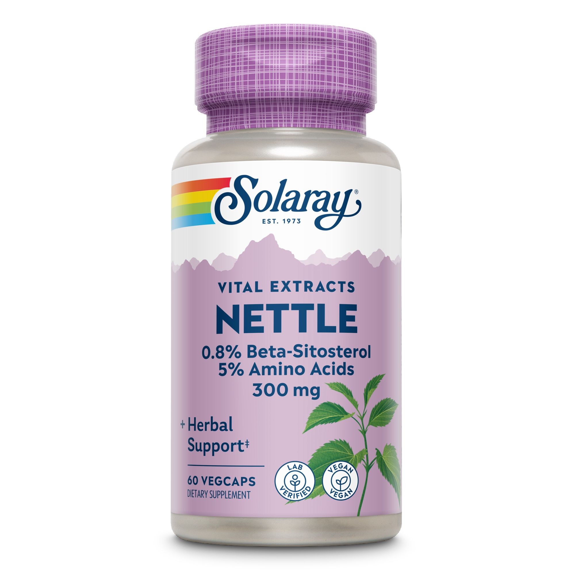 Solaray Nettle, 300 mg, 60 Vegcaps. Flasche mit lila Deckel, weißem Etikett. Aufschrift: Nettle, 0.8% Beta-Sitosterol, 5% Amino Acids, +Herbal Support.