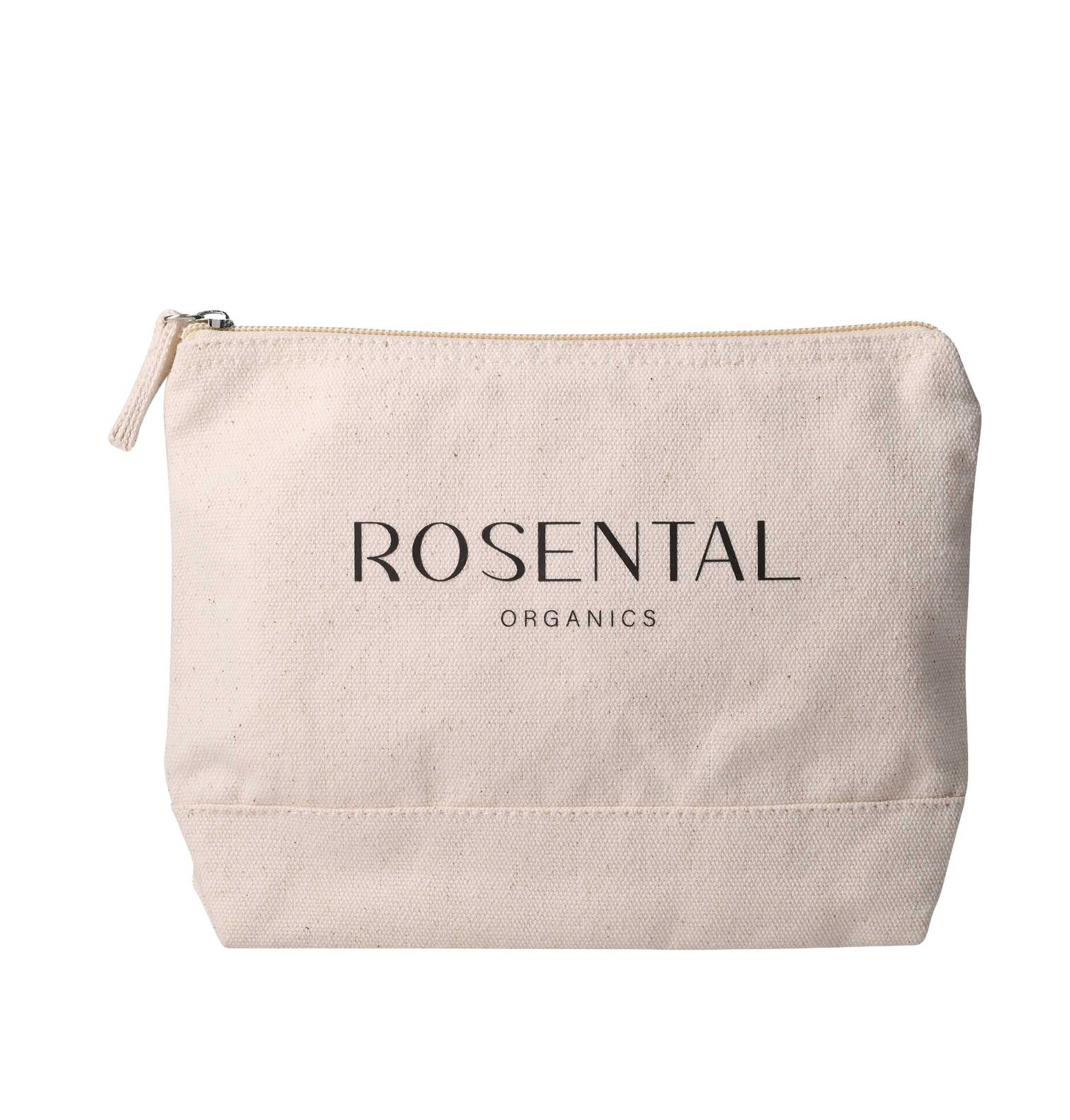 Beige Kosmetiktasche mit Reißverschluss. Aufschrift: ROSENTAL ORGANICS. Aus Baumwolle.