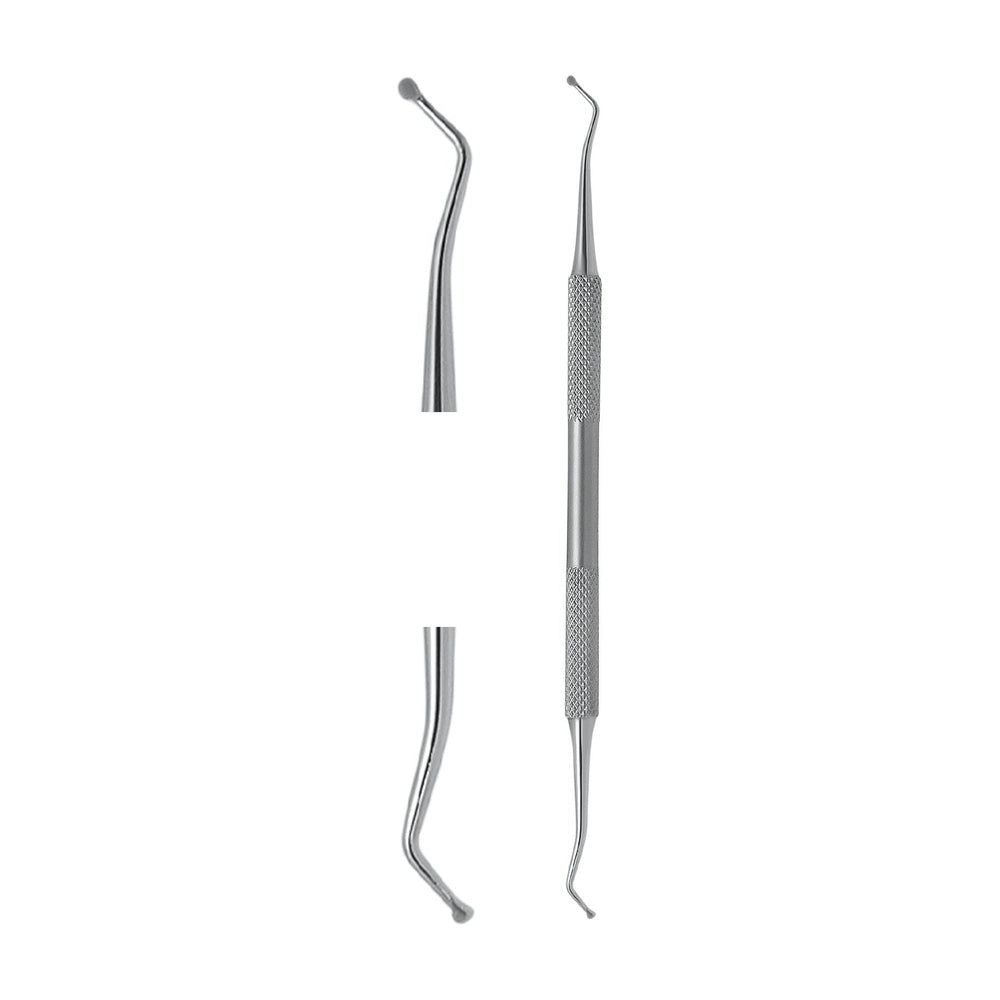 Medizinisches Instrument, Edelstahl. Doppelsonde und Löffelinstrument. Zwei separate Teile und ein Instrument mit geriffeltem Griff.