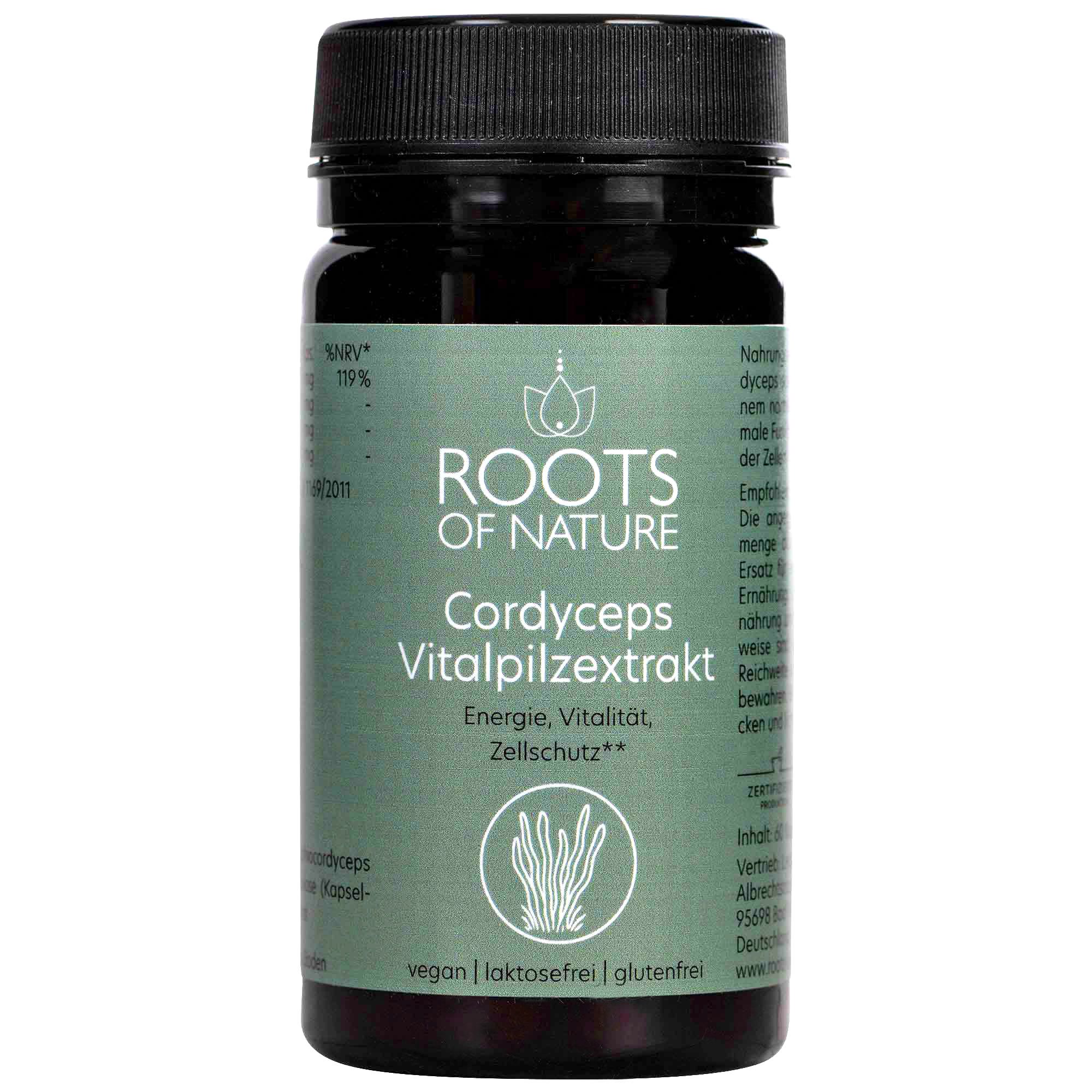 Flasche Cordyceps Vitalpilzextrakt mit Etikett, das vegan, laktosefrei und glutenfrei kennzeichnet.