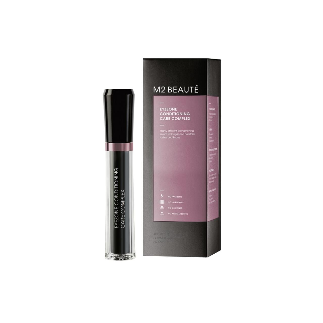 Schwarze Verpackung und Flasche. Aufschrift: M2 BEAUTÉ, Eyezone Conditioning Care Complex. Flasche mit schwarzem Deckel und rosa Ring.