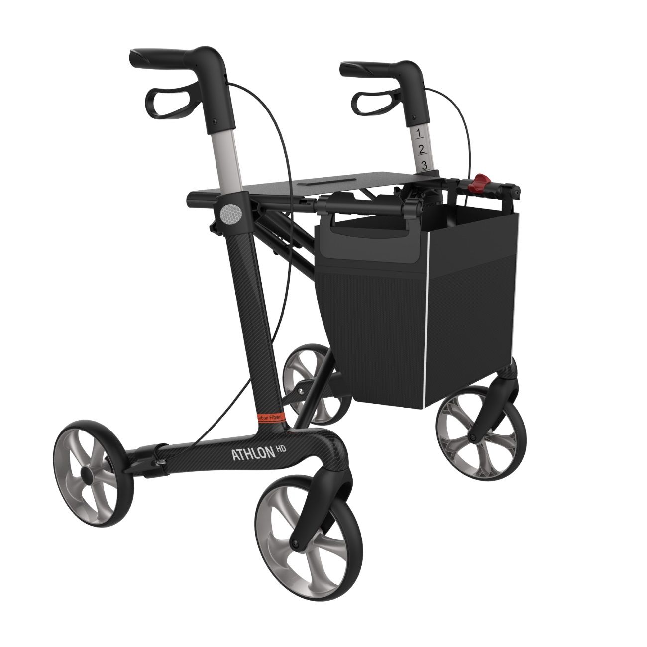 Schwarzer Rollator mit Korb. Graue Räder. ATHLON HD Schriftzug.