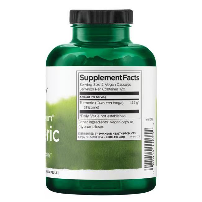 Rückseite einer grünen Flasche. Aufschrift: Supplement Facts. 2 vegane Kapseln. 120 Portionen. Turmeric (Curcuma longa).