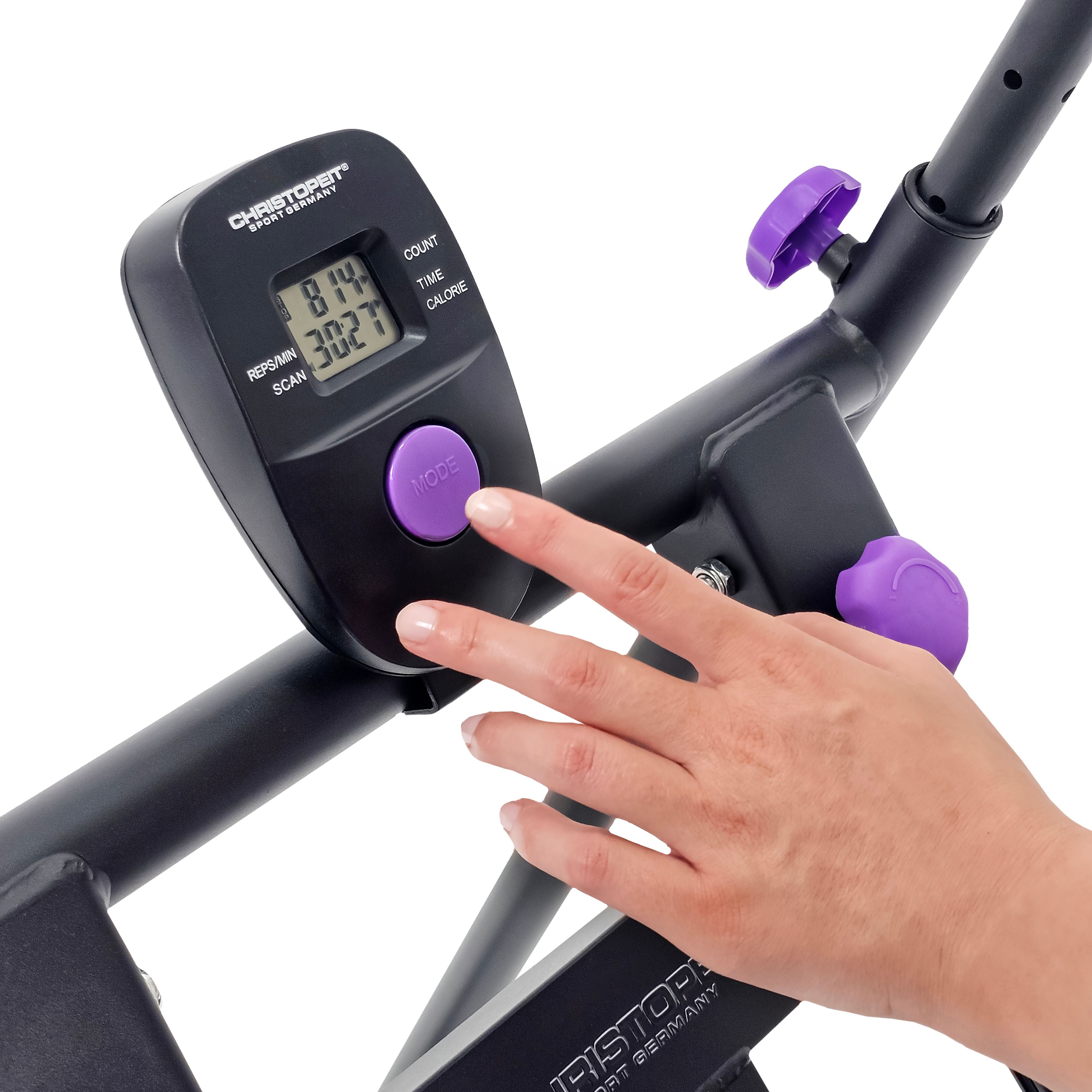 Digitales Display des Crosstrainers Climber 1000. Zeigt Zeit, Kalorien, Zählung und Reps/Min. Bedienung durch Finger.