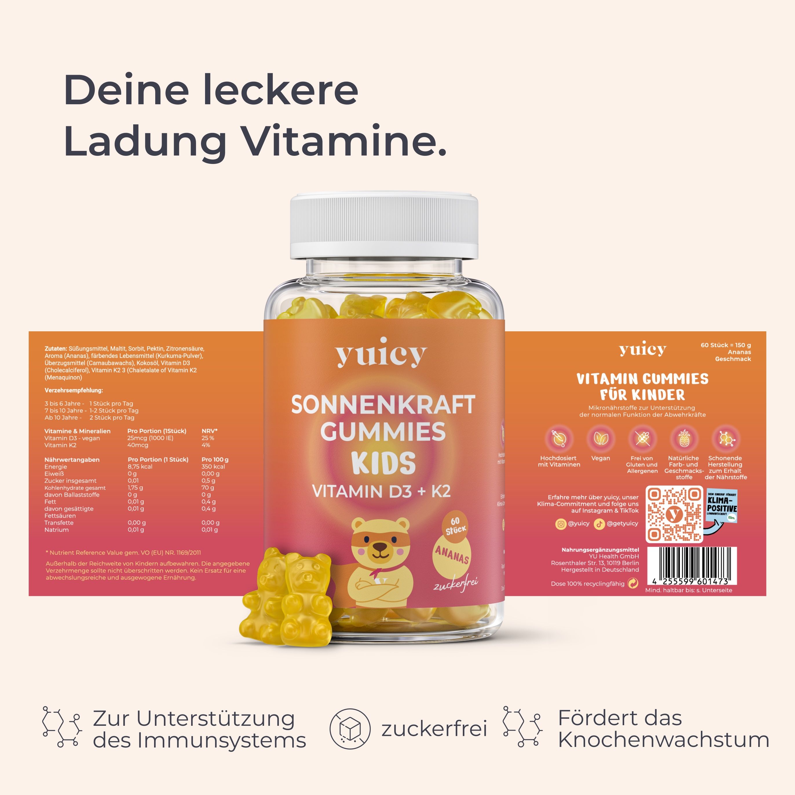 Flasche mit gelben Gummibärchen und Produktinformationen. Aufschrift: yuicy Sonnenkraft Gummies KIDS Vitamin D3 + K2. Zwei Gummibärchen davor.
