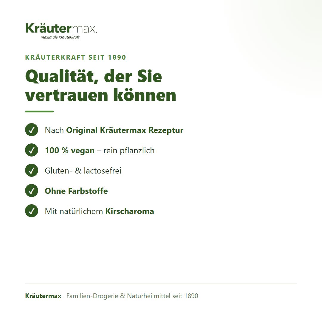 Liste mit Qualitätsmerkmalen: Nach Original Kräutermax Rezeptur, 100% vegan, gluten- & lactosefrei, ohne Farbstoffe, Kirsch-Aroma.