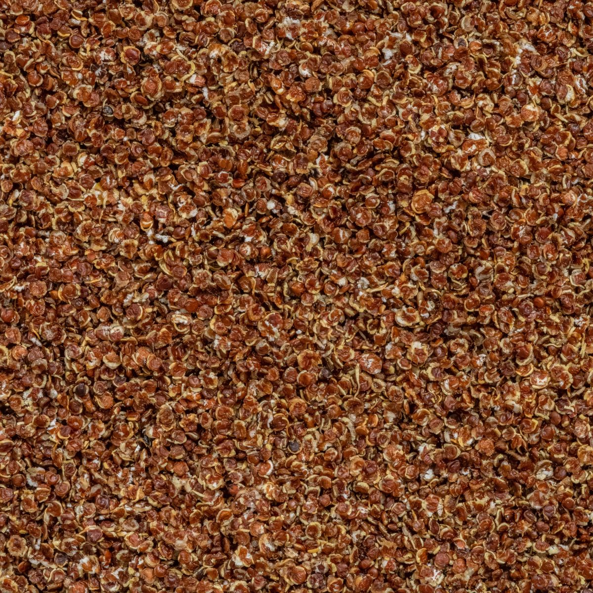 Nahaufnahme von NutriPur Knusperflakes Quinoa. Braune Flocken, Textur sichtbar.