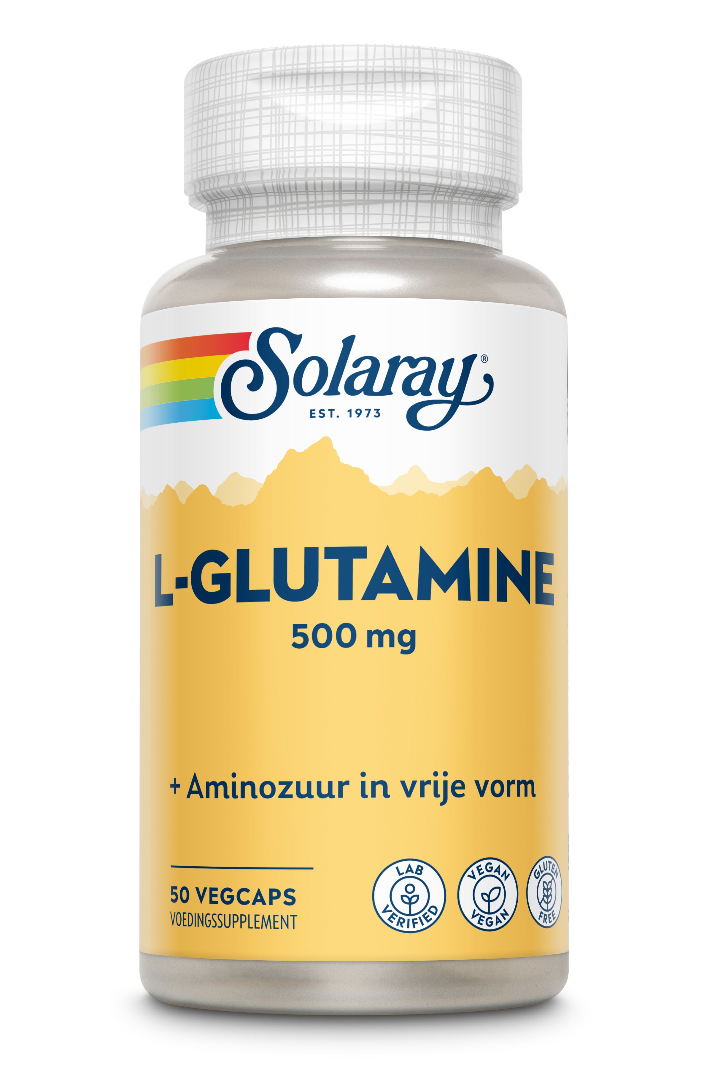 Eine Flasche mit Solaray L-Glutamin. Aufschrift: L-GLUTAMINE 500 mg. Mit Vegan- und Glutenfrei-Siegeln. 50 Vegcaps.