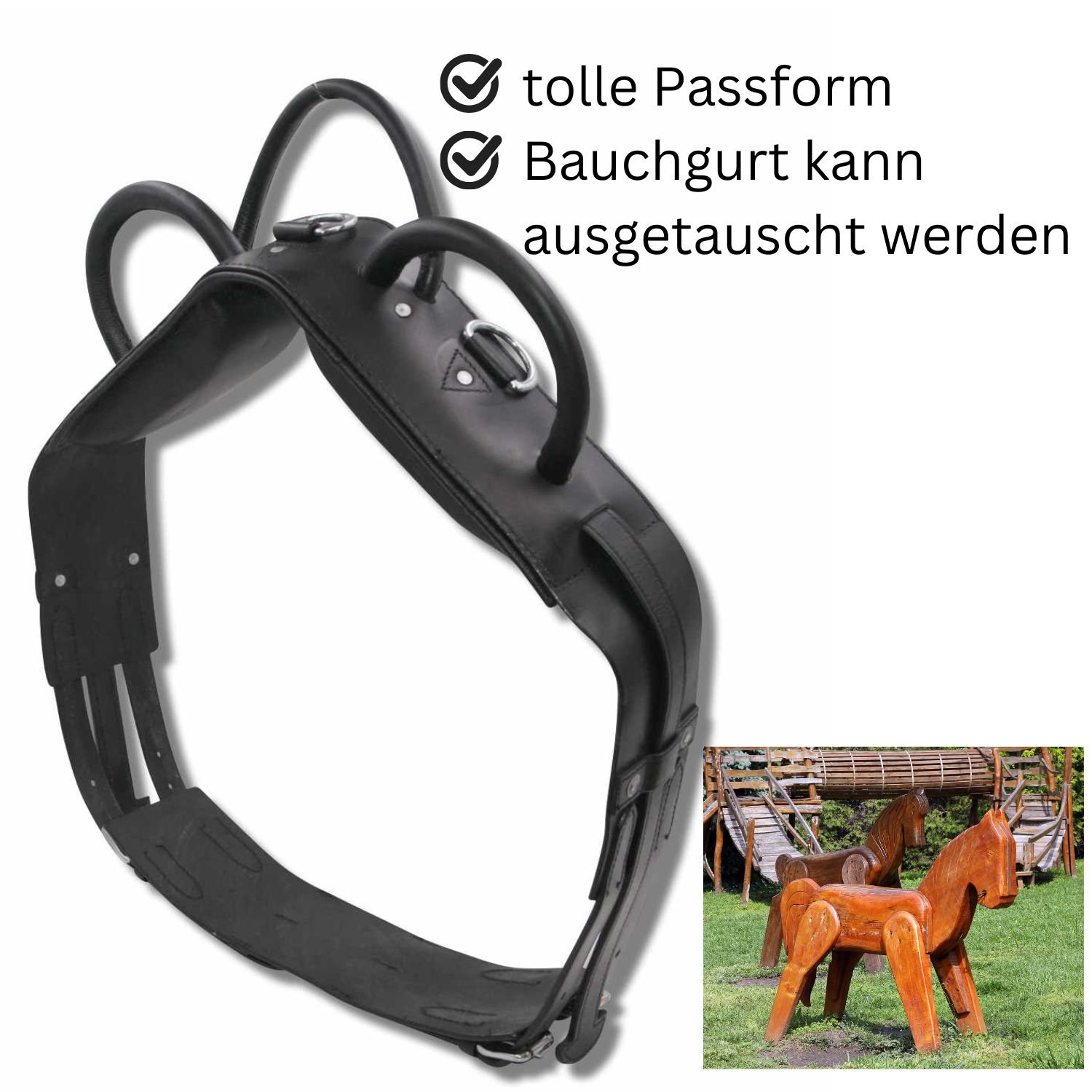 Schwarzer Voltigiergurt mit Griffen und Ringen. Text: tolle Passform, Bauchgurt kann ausgetauscht werden. Holzpferde.