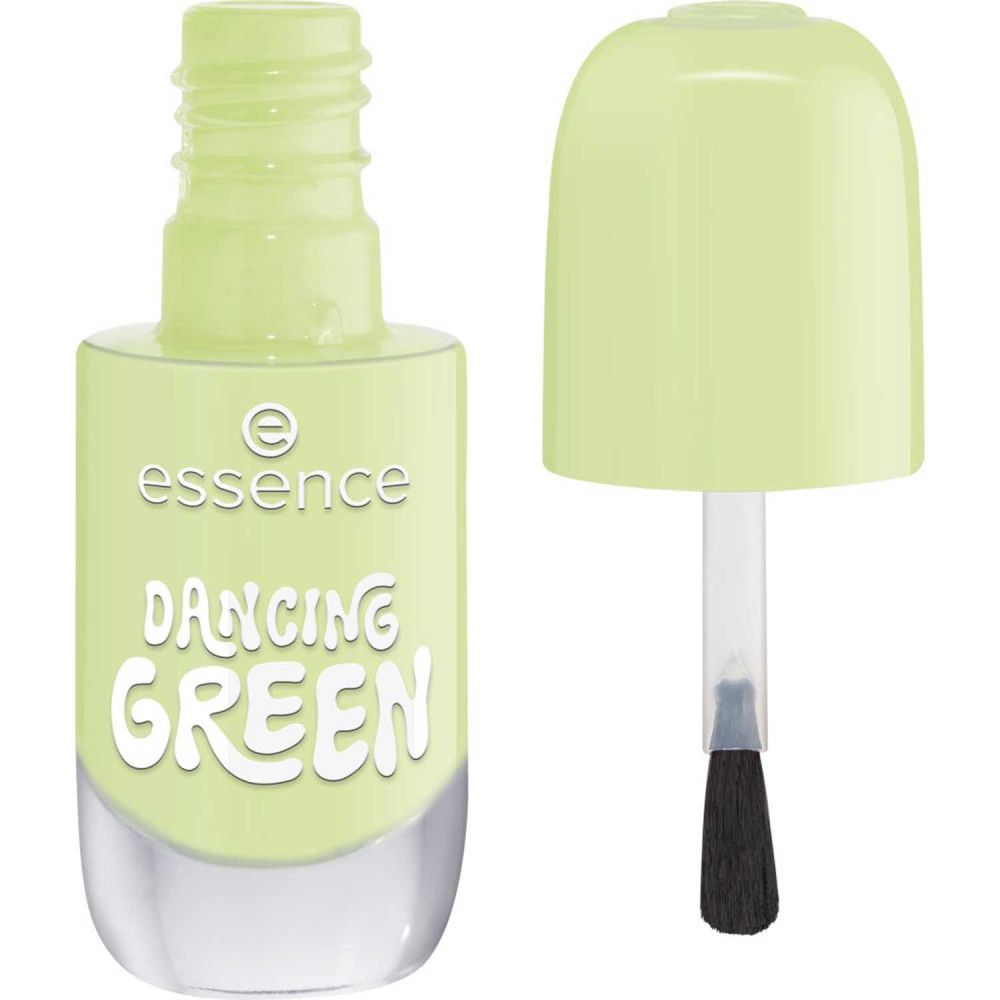 Nagellackflasche mit geöffnetem Deckel. Hellgrüne Farbe. Aufschrift: Essence, Dancing Green.