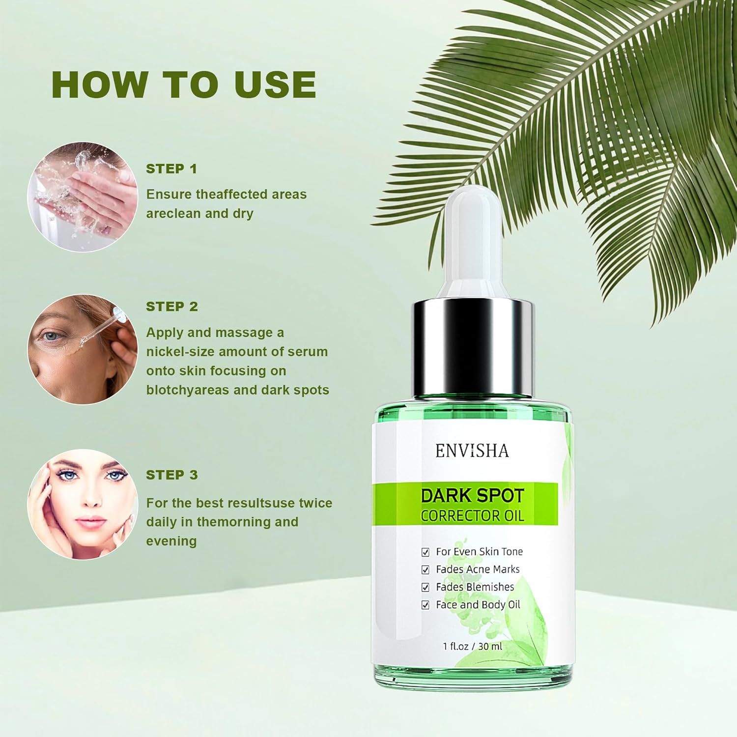 Grüne Glasflasche mit Tropfer. ENVISHA Dark Spot Corrector Oil. Anwendung: Auf saubere Haut auftragen, einmassieren, morgens und abends.